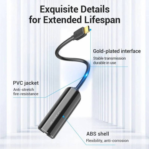 Перехідник USB 3.1 Type-C -> Ethernet RJ45 1000Mb Gigabit Vention чорний