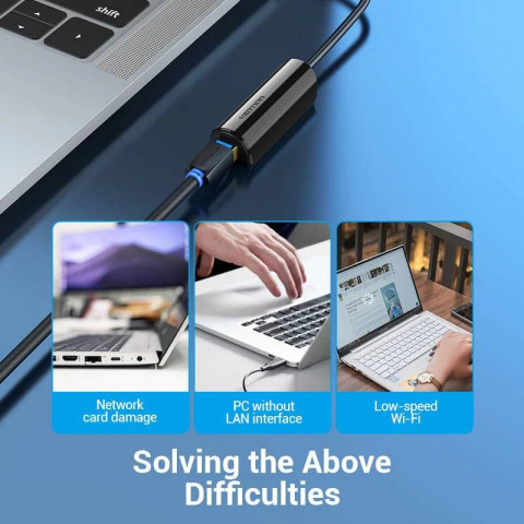 Перехідник USB 3.1 Type-C -> Ethernet RJ45 1000Mb Gigabit Vention чорний