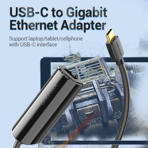 Перехідник USB 3.1 Type-C -> Ethernet RJ45 1000Mb Gigabit Vention чорний