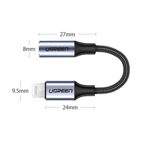 Перехідник Lightning -> 3.5 mm 10cm Headphone Jack Adapter Model US211 UGREEN Сірий