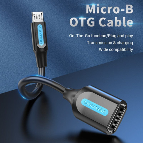 Перехідник USB 2.0 Micro BM -> USB AF (OTG) 0.15 м, PVC Vention чорний
