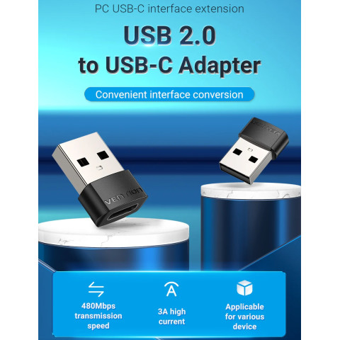 Перехідник USB 2.0 AМ -> USB Type-C (F) PVC Vention чорний