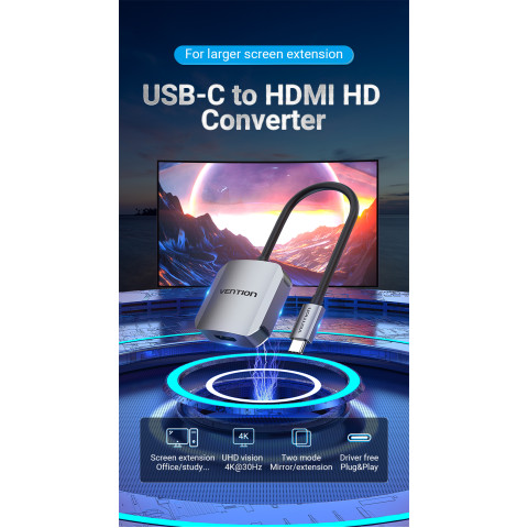 Перехідник USB 3.1 Type-C -> HDMI (F), 4K 30HZ, кабель 0.15м, Vention сірий
