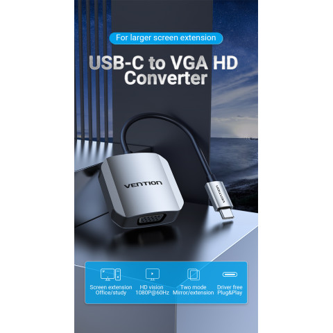 Перехідник USB 3.1 Type-C -> VGA (F), 1080p 60Hz, кабель 0.15м, Vention сірий