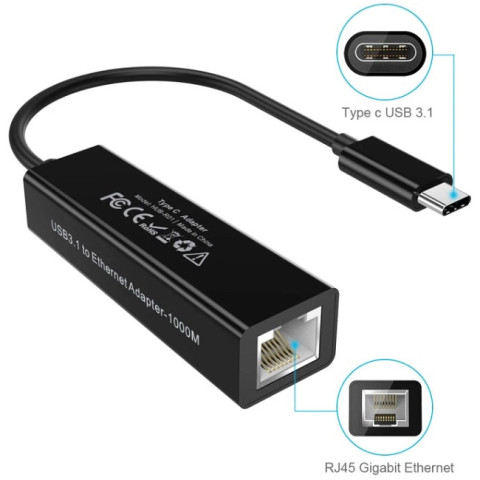 Перехідник USB 3.1 Type-C -> Ethernet RJ45 1000Mb 0,15 м, Choetech чорний