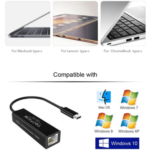 Перехідник USB 3.1 Type-C -> Ethernet RJ45 1000Mb 0,15 м, Choetech чорний