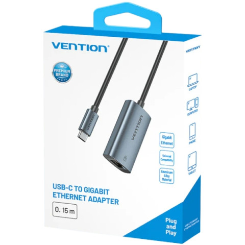 Перехідник USB 3.1 Type-C-> Ethernet RJ45 1000Mb чорний Aluminum Alloy Type Vention