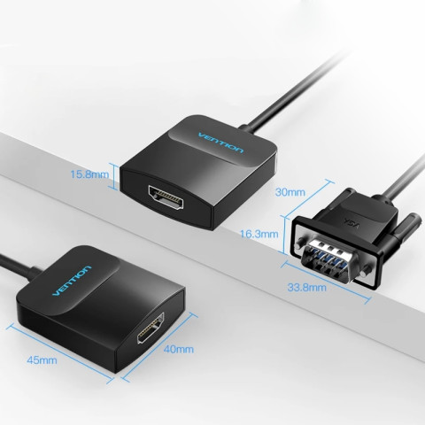 Перехідник VGA 15F -> HDMI M, 1080P 60Hz, 3,5мм Audio, кабель 0,15м Vention чорний