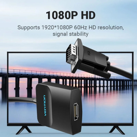 Перехідник VGA 15F -> HDMI M, 1080P 60Hz, 3,5мм Audio, кабель 0,15м Vention чорний