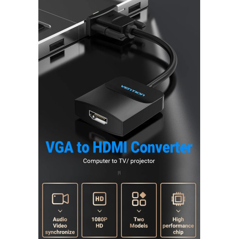 Перехідник VGA 15F -> HDMI M, 1080P 60Hz, 3,5мм Audio, кабель 0,15м Vention чорний