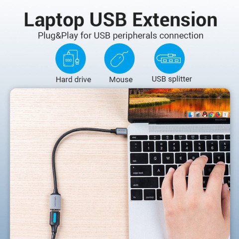 Перехідник USB 3.0 Type-C -> USB AF (OTG) кабель 0.15м Aluminum Alloy Vention сірий
