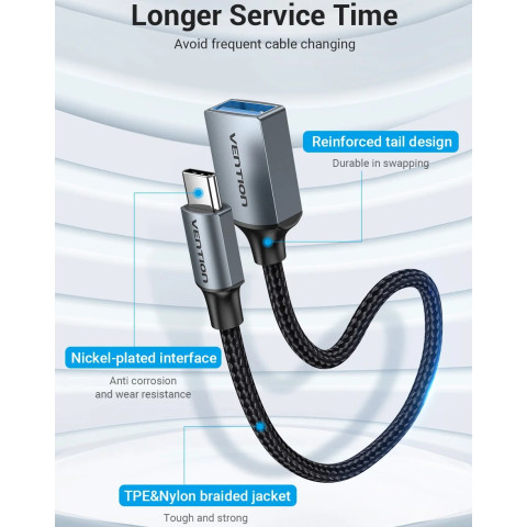 Перехідник USB 3.0 Type-C -> USB AF (OTG) кабель 0.15м Aluminum Alloy Vention сірий