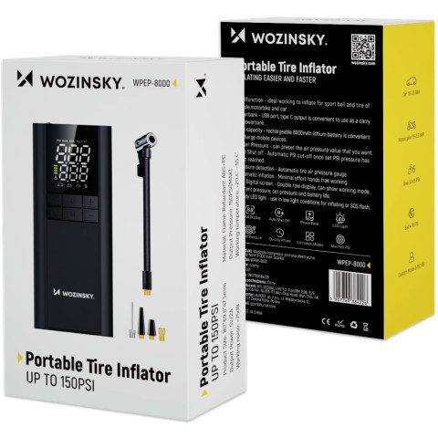 Автомобільний портативний компресор Wozinsky WPEP-8000 150 PSI, Power Bank 8000 мАг, Black