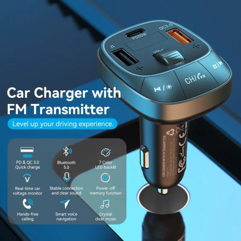 Автомобільний FM-трансміттер Vention PD 54W 3-Port USB (C+A+A) LED/USB Flash/Bluetooth, вольтметр
