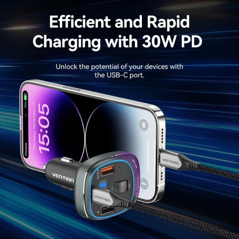 Автомобільний FM-трансміттер Vention PD 54W 3-Port USB (C+A+A) LED/USB Flash/Bluetooth, вольтметр