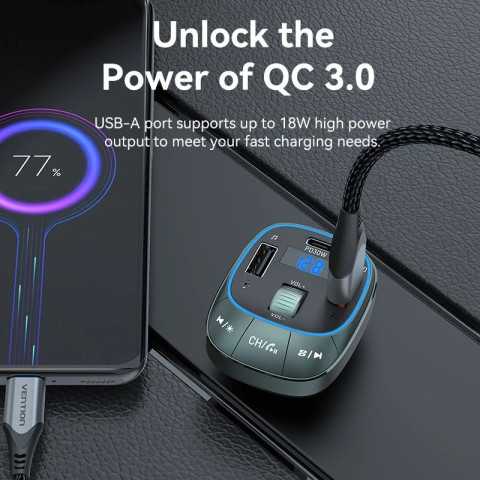 Автомобільний FM-трансміттер Vention PD 54W 3-Port USB (C+A+A) LED/USB Flash/Bluetooth, вольтметр