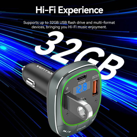 Автомобільний FM-трансміттер Vention PD 54W 3-Port USB (C+A+A) LED/USB Flash/Bluetooth, вольтметр