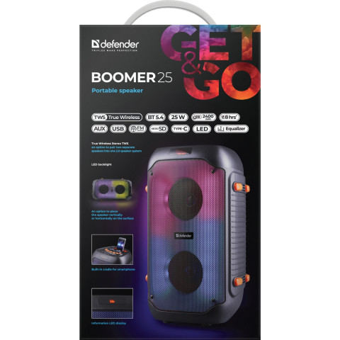 Акустична система 2.0 Defender Boomer 25, 25Вт RGB/BT/FM/USB/TF/AUX/MIC, чорна