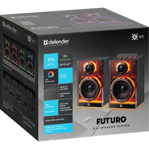 Акустична система 2.0 Defender Futuro, 20Вт Bluetooth/USB/TF/AUX, LED, чорна