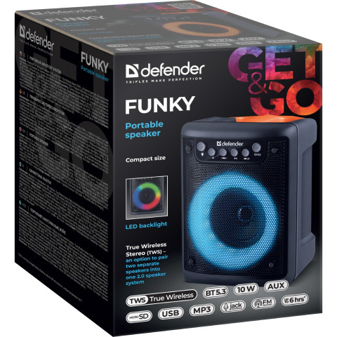 Акустична система 1.0 Defender Funky 10Вт, Light/BT/FM/USB/MIC/AUX