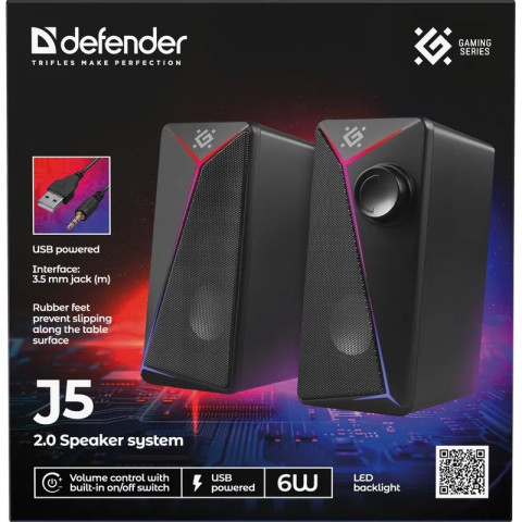 Акустична система 2.0 Defender J5, 6Вт, підсвітка, USB, чорна