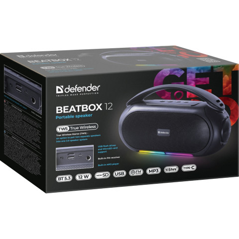 Акустична система 1.0 Defender Beatbox 12, 12Вт, Bluetooth/RGB/FM/USB/TF/MIC/ чорна