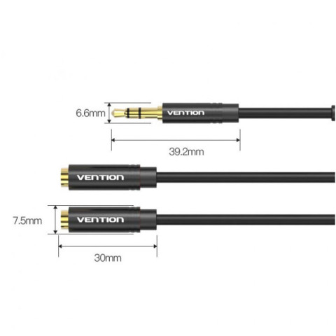 Перехідник Audio Jack TRS M -> 2xF, 0.3м Stereo Splitter чорний Vention