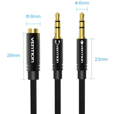 Перехідник Audio Jack TRRS F -> 2xM (мікрофон + навушники) чорний Vention