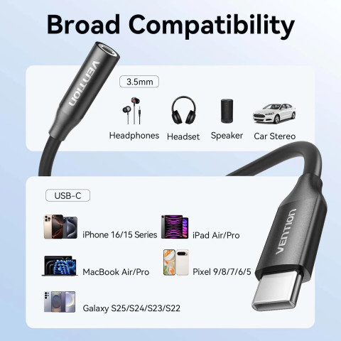 Перехідник USB-C -> аудіо Jack 3.5мм, Aluminum Alloy, чорний Vention