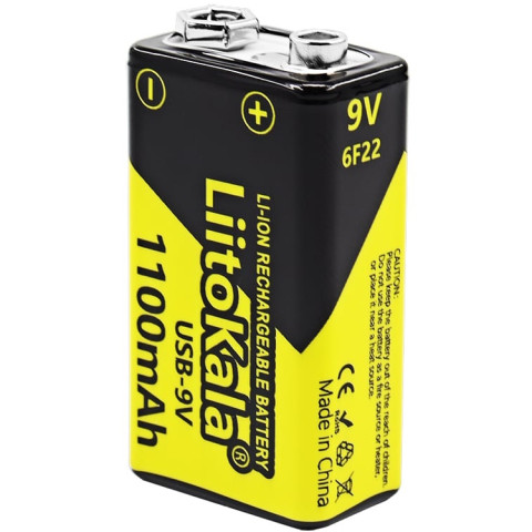 Акумулятор 6F22 Крона, 9V, 1100 mAh, Li-ion, вбуд зарядне USB (Type-C), LiitoKala
