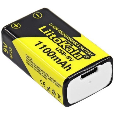Акумулятор 6F22 Крона, 9V, 1100 mAh, Li-ion, вбуд зарядне USB (Type-C), LiitoKala