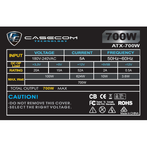 БЖ 700W Casecom, 120mm, 4хSATA, Bulk