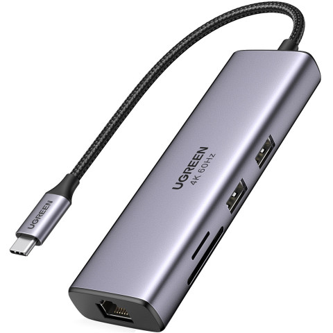 Док-станція USB3.1 Type-C -> HDMI 4K60Hz/USB 3.0x2/RJ45/SD/TF/PD 100W Ugreen CM512 Сіра