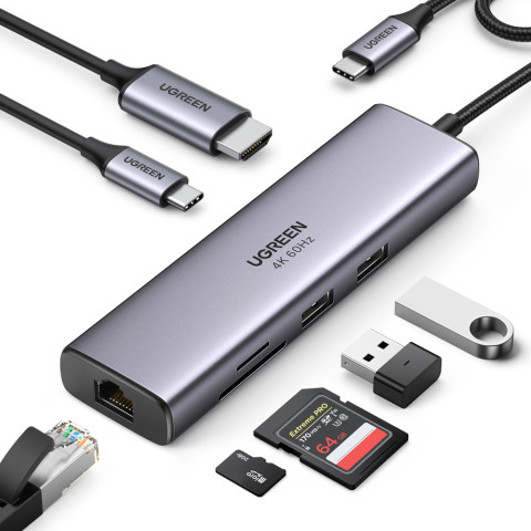 Док-станція USB3.1 Type-C -> HDMI 4K60Hz/USB 3.0x2/RJ45/SD/TF/PD 100W Ugreen CM512 Сіра