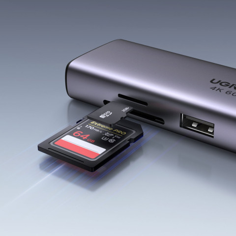 Док-станція USB3.1 Type-C -> HDMI 4K60Hz/USB 3.0x2/RJ45/SD/TF/PD 100W Ugreen CM512 Сіра