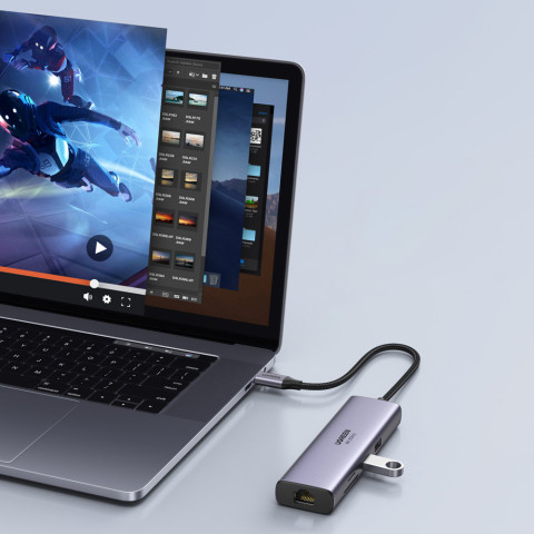 Док-станція USB3.1 Type-C -> HDMI 4K60Hz/USB 3.0x2/RJ45/SD/TF/PD 100W Ugreen CM512 Сіра