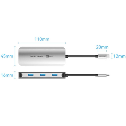 Док-станція USB3.1 Type-C -> HDMI 60Hz/USB 3.0x3/PD 100W 5-in-1 Vention