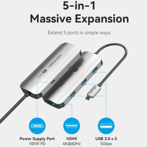 Док-станція USB3.1 Type-C -> HDMI 60Hz/USB 3.0x3/PD 100W 5-in-1 Vention