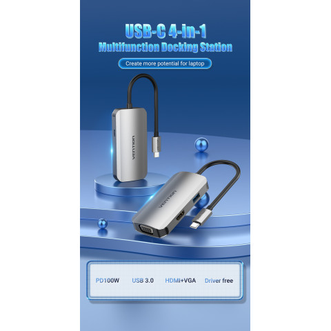 Док-станція USB3.1 Type-C -> HDMI/VGA/USB 3.0/PD 100W Hub 4-in-1 Vention