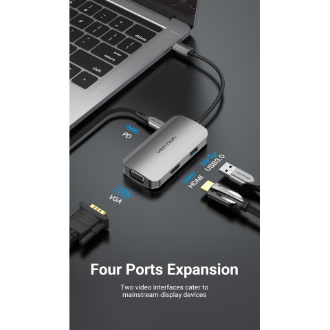 Док-станція USB3.1 Type-C -> HDMI/VGA/USB 3.0/PD 100W Hub 4-in-1 Vention