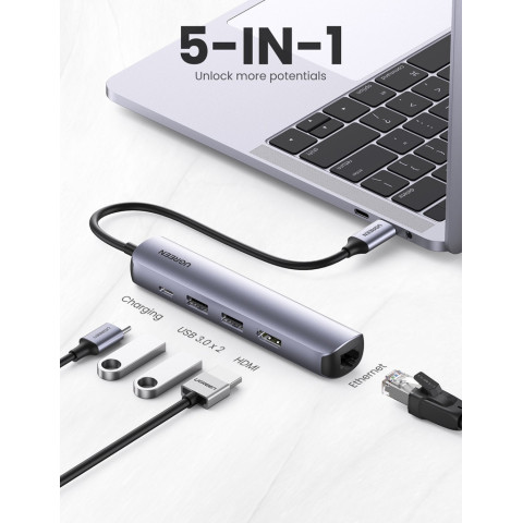 Док-станція USB3.1 Type-C -> HDMI/USB 3.0x2/RJ45/PD 100W, Ugreen CM418 Сіра