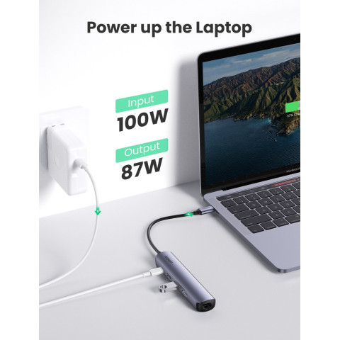 Док-станція USB3.1 Type-C -> HDMI/USB 3.0x2/RJ45/PD 100W, Ugreen CM418 Сіра