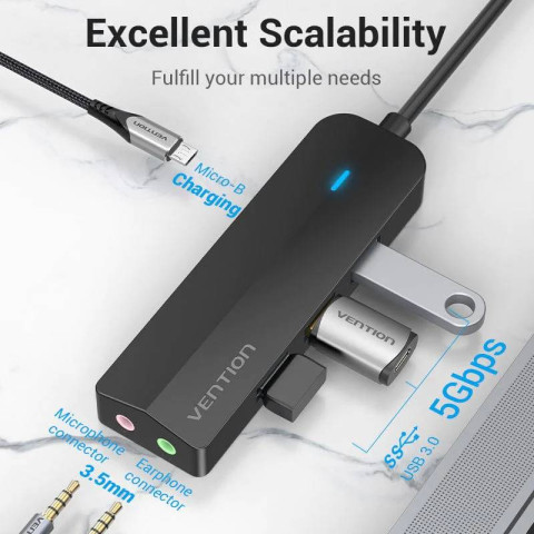 Хаб USB 3.1 Type-C -> 3xUSB 3.0/MicroUSB/3.5mm Sound Adapter чорний Vention