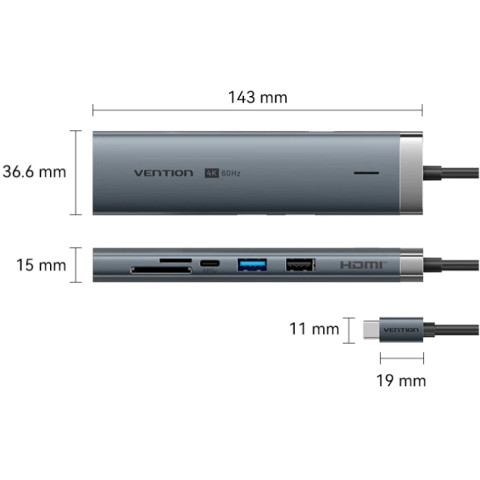 Док-станція USB3.2 Type-C -> HDMI 60Hz/USB 3.0x2/RJ45/SD/TF/3.5mm/PD 100W Hub 9-in-1 Vention