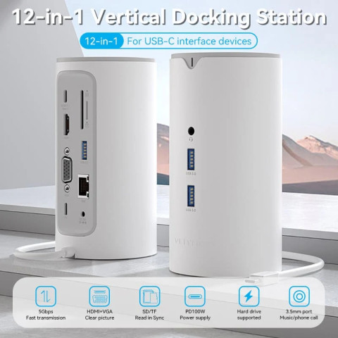 Док-станція USB3.1 Type-C -> HDMI/VGA/USB3.0x3/RJ45/SD/TF/TRRS 3.5m/PD/DC100W12-in-1Ventio