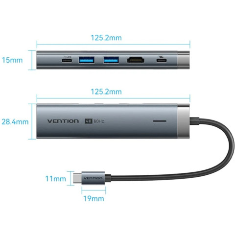 Док-станція USB3.2 Type-C -> HDMI/USB 3.0x2/RJ45/PD 100W Hub 6-in-1 Vention