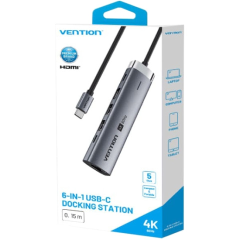 Док-станція USB3.2 Type-C -> HDMI/USB 3.0x2/RJ45/PD 100W Hub 6-in-1 Vention