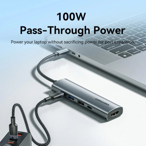 Док-станція USB3.0 Type-C -> HDMI /USB 3.0/USB 2.0/Type-C 2.0/ PD 100W Hub 5-in-1 Vention