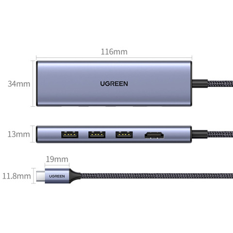 Док-станція USB3.0 Type-C -> HDMI 4K30Hz/3xUSB-А 3.0/Type-C/PD 100W 6-in-1 CM511 Ugreen