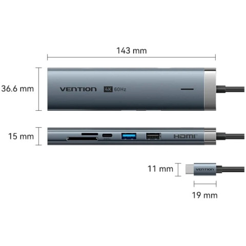 Док-станція USB3.2 Type-C -> HDMI/USB3.0/USB2.0/RJ45/SD/TF/PD 100W Hub 8-in-1 Vention